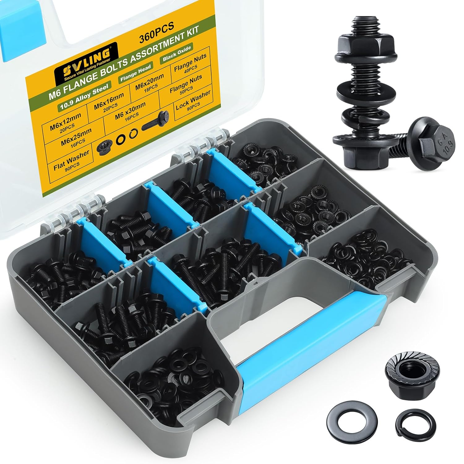 SVLING 360pcs M6-1.0 Flange Bolts Kit: Serrated Nuts, Washers, 10.9 Alloy Steel Black Zinc, 12-30mm Lengths