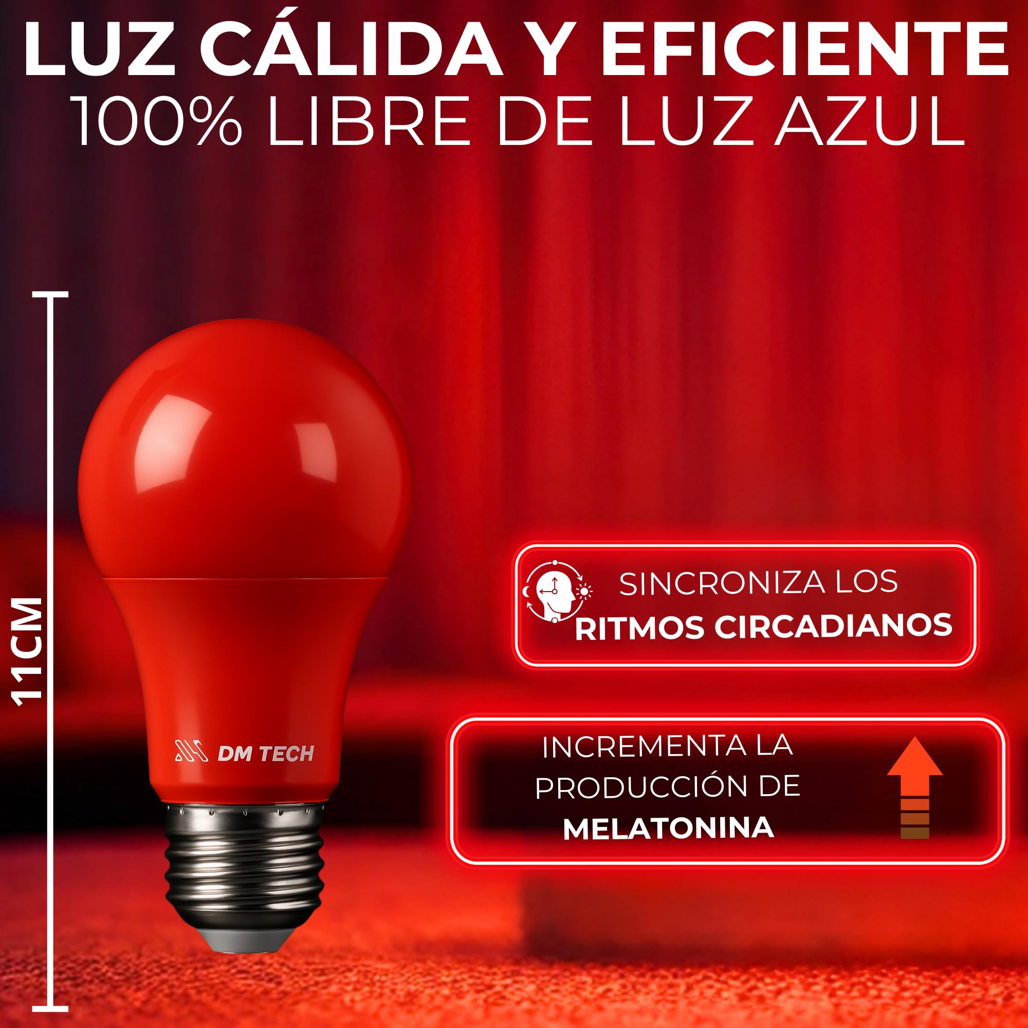 DM TECH PACK 2 Luz Roja Nocturna Melatonina E27 - Bombilla Terapia Roja para Dormir - 0% Luz Azul + Rosca Estándar + Mejora del Ritmo de Descanso
