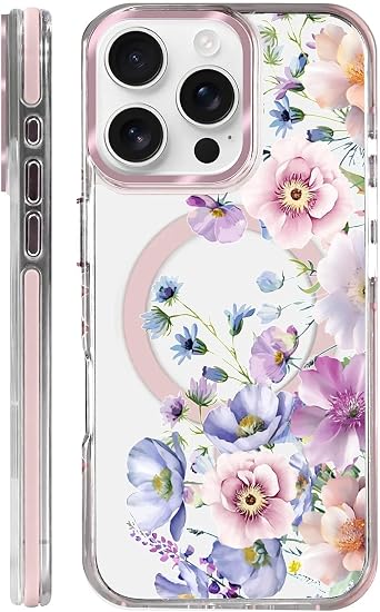 Case for iPhone 16 Pro, Compatible with Magsafe, Full Camera Protection Clear Case for Girls Women, Shockproof Protective Magnetic Cover - Pink Flower Blooms