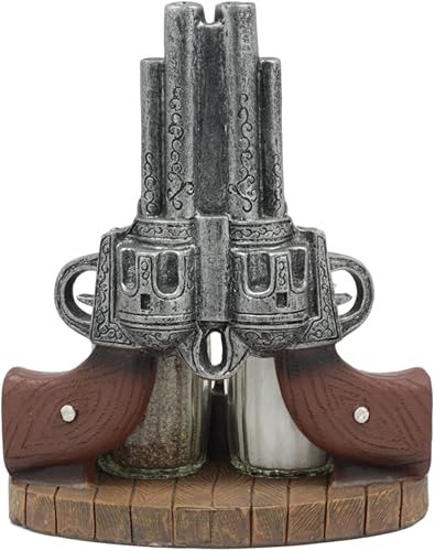 Miniatura 5 de Ebros Rústico Occidental Wild Wild West Revolver Six Shooter Pistol con balas redondas Juego de saleros y pimenteros decorativos con agitadores de