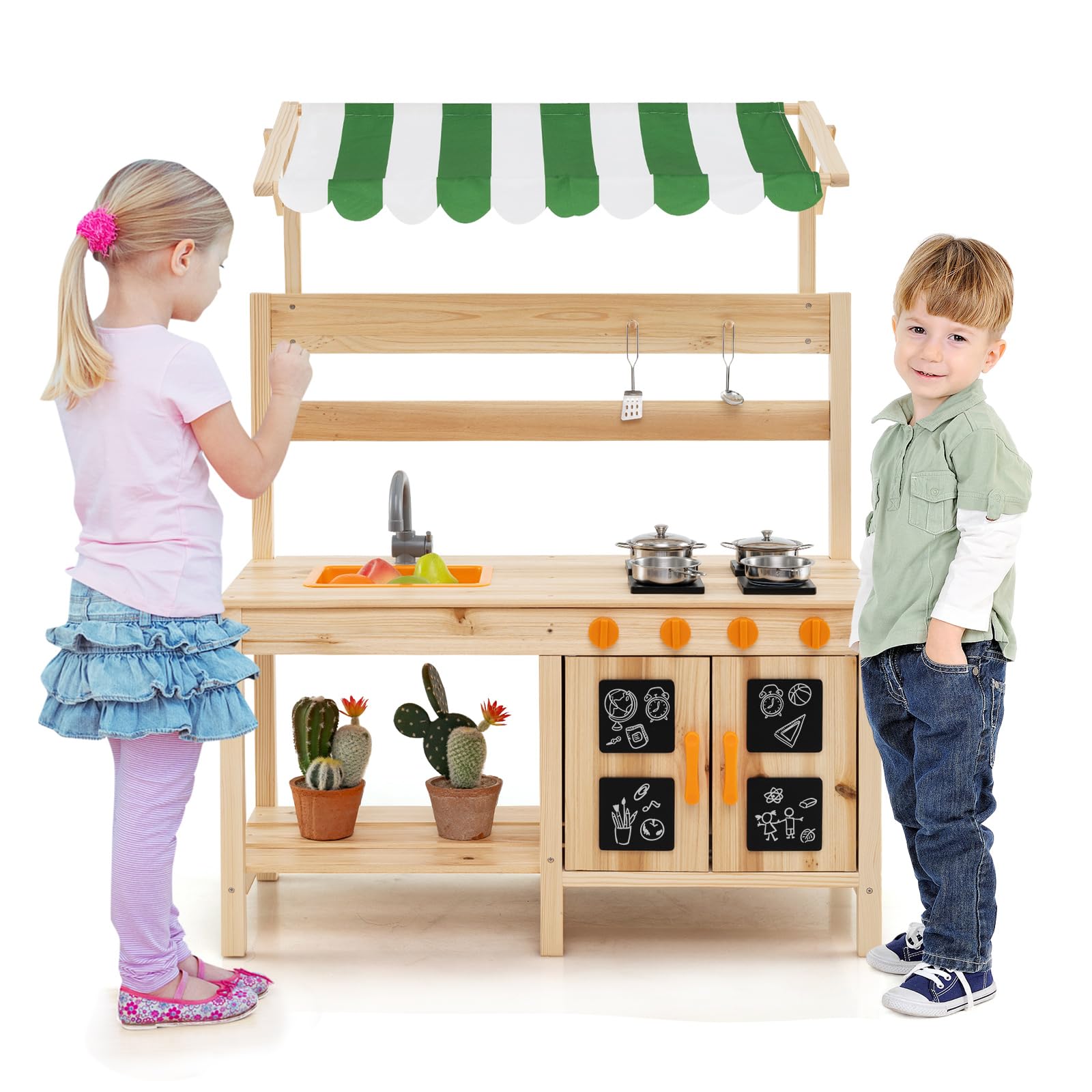 HOMASIS Cucina per Bambini con Tettoia, Cucina Giocattolo in Legno con 4 Fornelli, 2 Ganci, 1 Lavello e 4 Lavagnette, Cucinetta per Bambini da 3+ Anni da Esterno, 88 x 39 x 117 cm