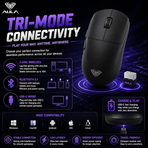 Aula SC800 Lightweight PAW3395 Sensor 26000 DPI 8000Hz Kablolu ve Kablosuz Gaming Oyuncu Mouse Siyah