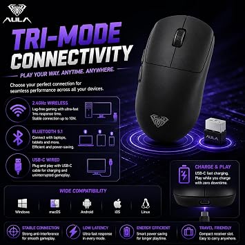Aula SC800 Lightweight PAW3395 Sensor 26000 DPI 8000Hz Kablolu ve Kablosuz Gaming Oyuncu Mouse Siyah