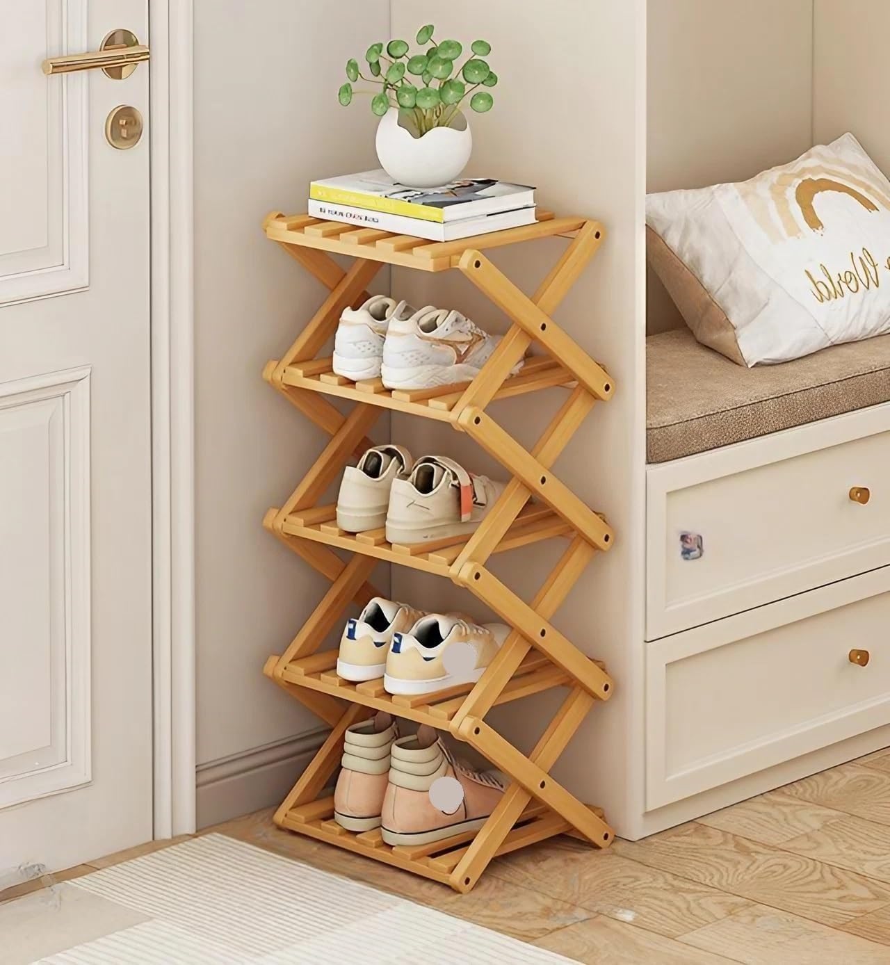 Zapatero plegable de bambú – Nizer de madera de 5 niveles que ahorra espacio para entrada y sala de estar – no necesita montaje, diseño delgado, respetuoso con el medio ambiente Sto Solut
