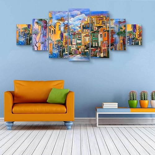 Miniatura 4 de Startonight Lienzo decorativo grande abstracto para pared, la ciudad con encantadores árboles azules, juego moderno de 7 paneles de 40 x 95 pulgadas