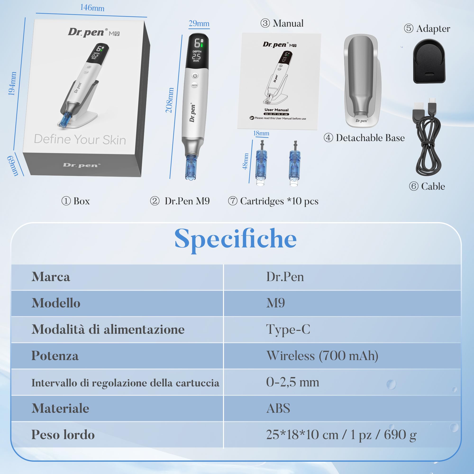 Dr. pen M9 Microneedling Pen, Nuovo Modello 2026 con Regolazione Automatica One-Touch e Chip Intelligente, Base Ricaricabile, 700 mAh, per Rughe, Cicatrici e Barba – 10 Cartucce