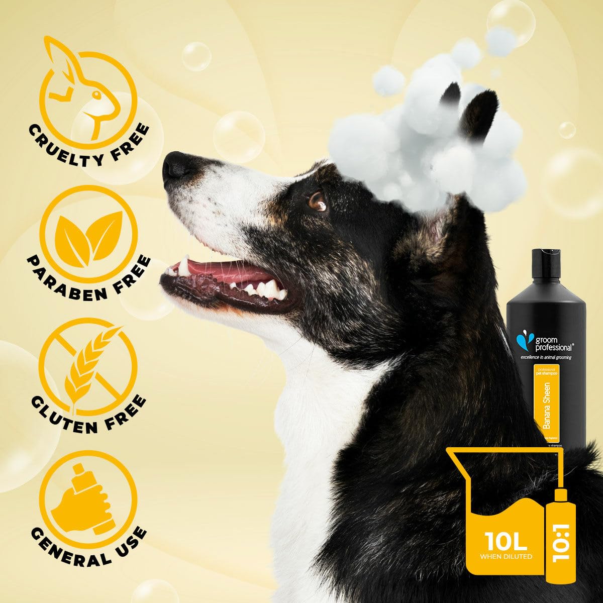 Groom Professional Banana Sheen Dog Shampoo (4 L) – Salon Size 12 : 1 Concentrate with Natural Banana Extract, Deep Cleaning and Conditioning, Restores Shine and Fresh Fragrance, Made in UK