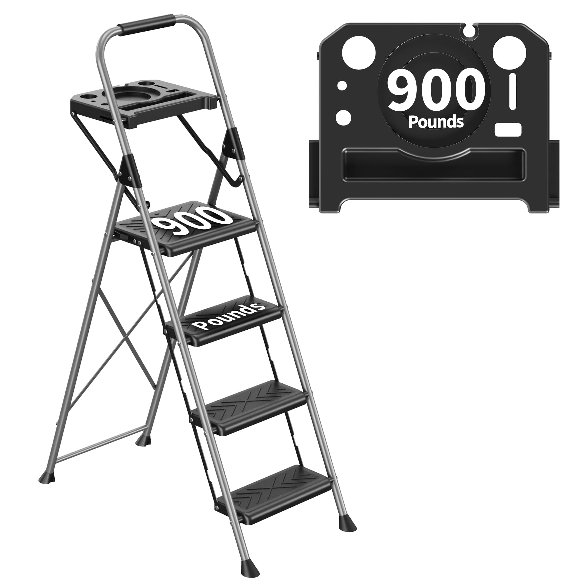 DIAMONDFORGE 4 Step Ladder, Folding Step Stool with Tool Platform, Wide Anti-Slip Pedal and Anti-Slip Feet, Sturdiest Steel Construction, 900lbs Capacity Steel Ladder for Home Office, Grey