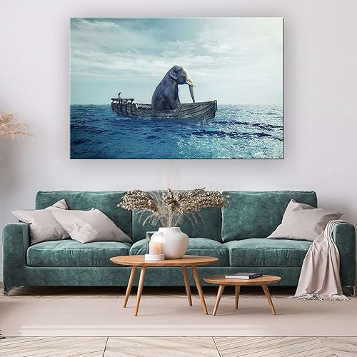 Miniatura 9 de Startonight Lienzo decorativo para pared, diseño de elefante solitario en el océano, estampado estirado, moderno para dormitorio o sala de estar,
