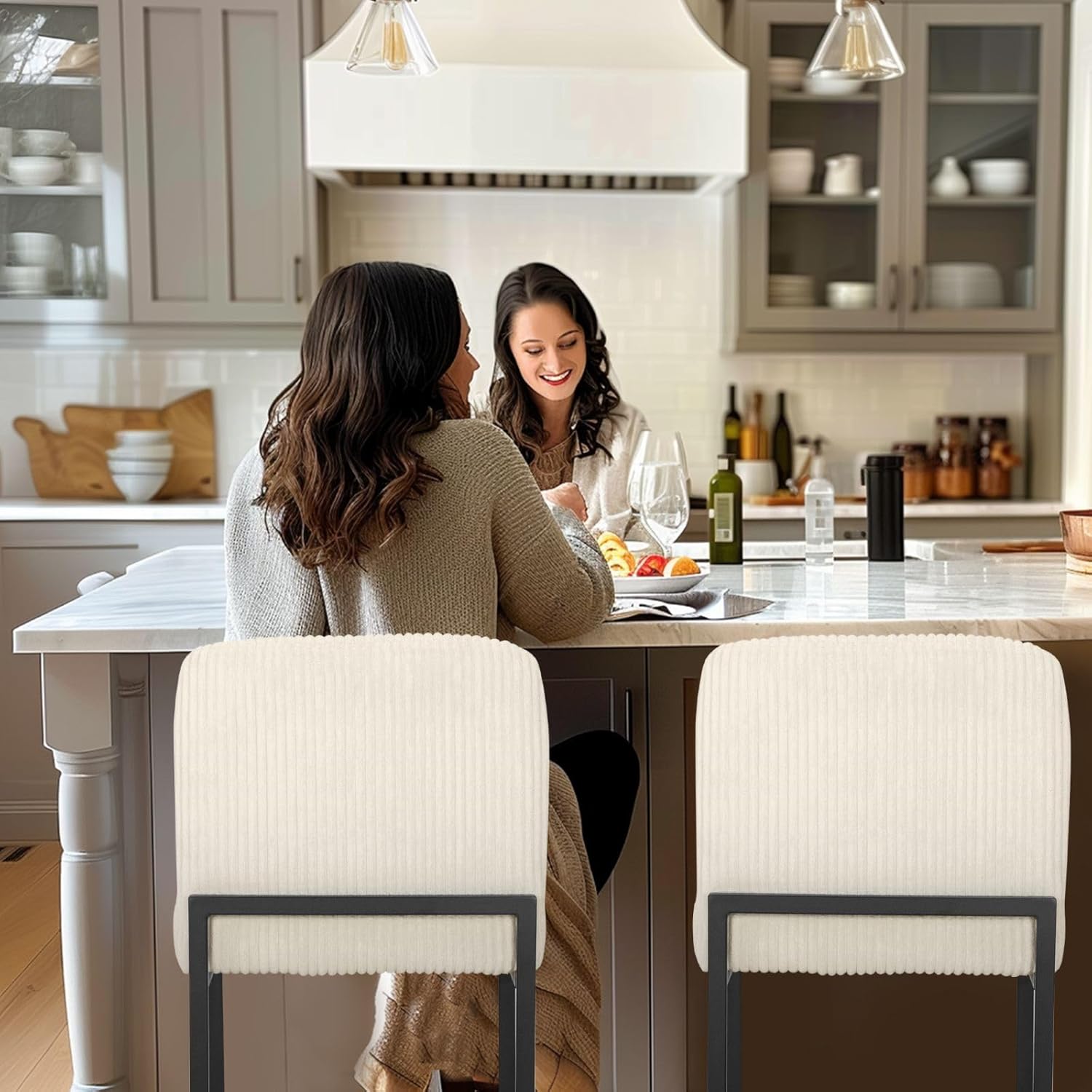 Sophia & William Ivory Bar Stools Set of 4, Modern Chenille 24" Counter Stools for Kitchen Island