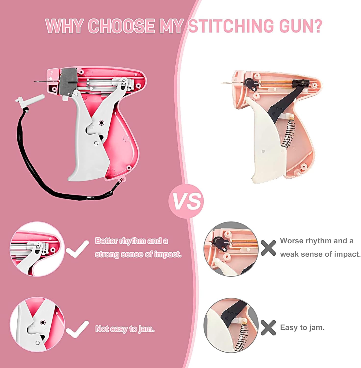 Stitch Gun for Clothes， Handheld Stitch Gun Quick Clothing Fixer，Sewing Kit Includes 1,000 Black Fasteners & 1,000 White Fasteners & 6 Needles (Pink)