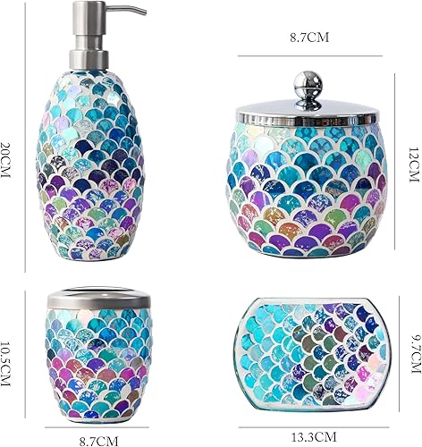 Miniatura 8 de Escenzy Juego de accesorios de baño de sirena, 4 piezas, dispensador de jabón de lujo, soporte para cepillo de dientes, tarro de vidrio de algodón,