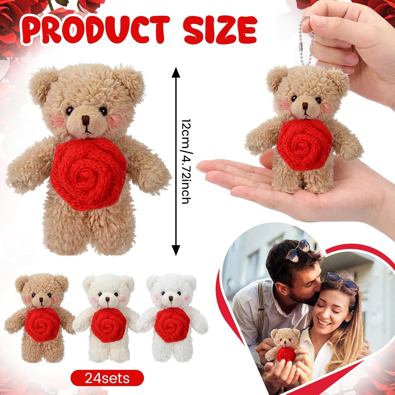 Jenaai 24 Pcs Valentine's Day Mini Teddy Bear Bulk, 5.1 Inch Valentines Day Stuffed Animals Soft Plush Toys for Kids Grils Boys Birthday Gifts Party Favors Wedding Supplies(Rose Bear)