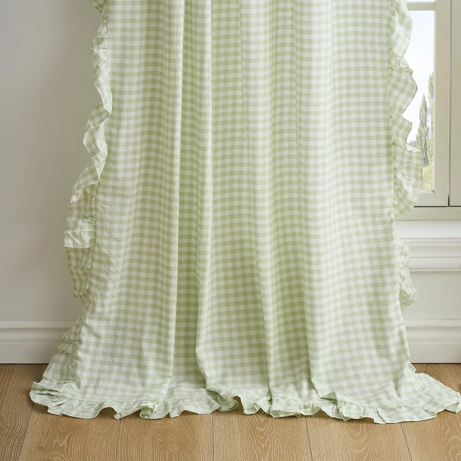 Pile Green White Plaid Gingham Ruffle Curtains 2 Panels, 100% Washed Cotton Drapes for Bedroom Living Room Doorway Shabby and Chic Window Treatment Rod Pocket, W52”xH90