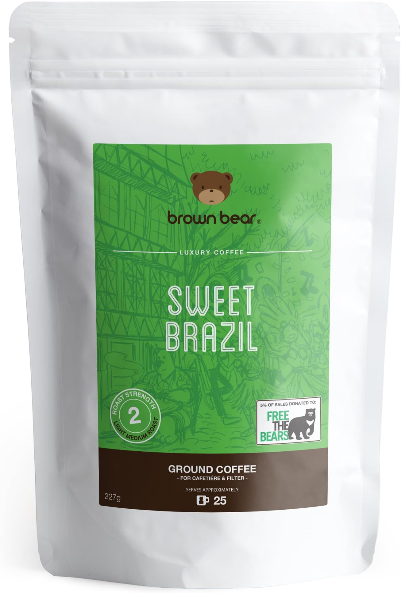 Brazilian Ground Coffee 227g - Ideal for French Press Cafetiere Filter Drip V60 Aeropress - Brown Bear Sweet Brazil - Light Medium Roast Ground Coffee - Donation to Free The Bears - 100% Arabica