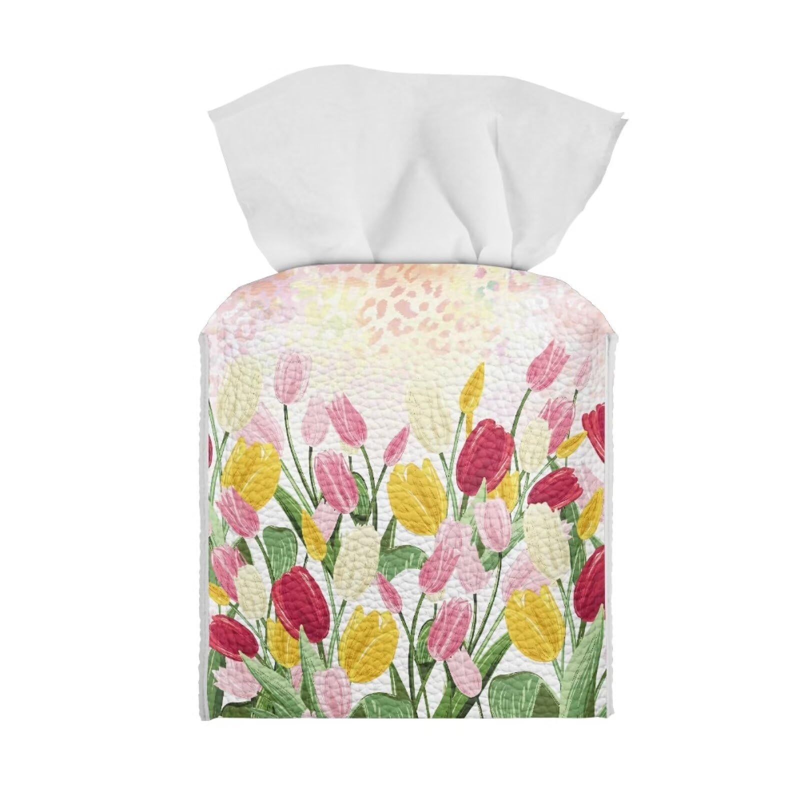 AFPANQZ Tulips Floral Tissue Box Cover for Women Foldable Tissue Holders for Bathrooms Leather PU Facial Paper Organizer Dispenser Home Decoration Mother's Day