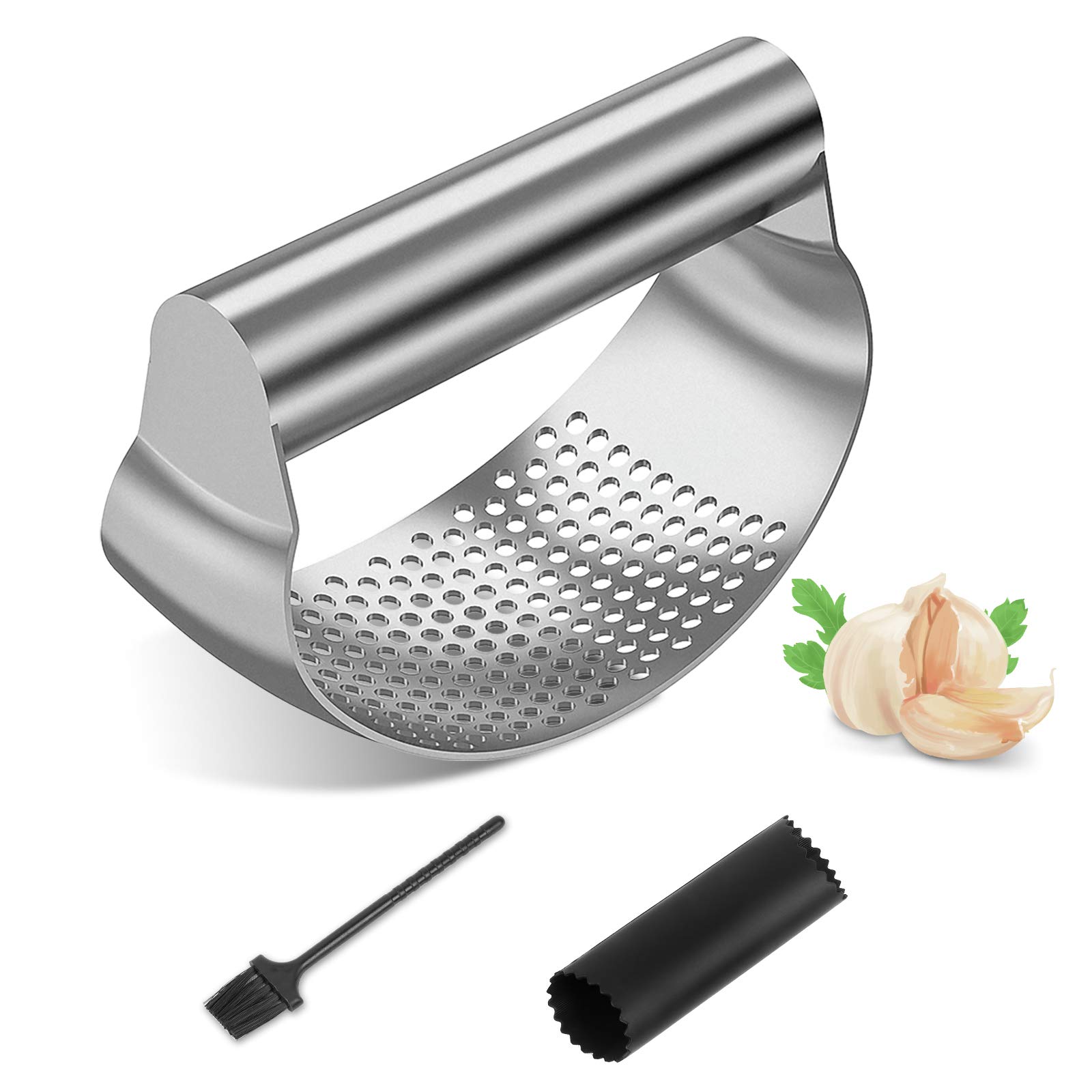 Garlic Press - Stainless Steel Garlic Crusher, Kitchen Garlic Rocker Ginger Crusher Ergonomics Labor Saving with Silicone Garlic Peeler and Cleaning Brush
