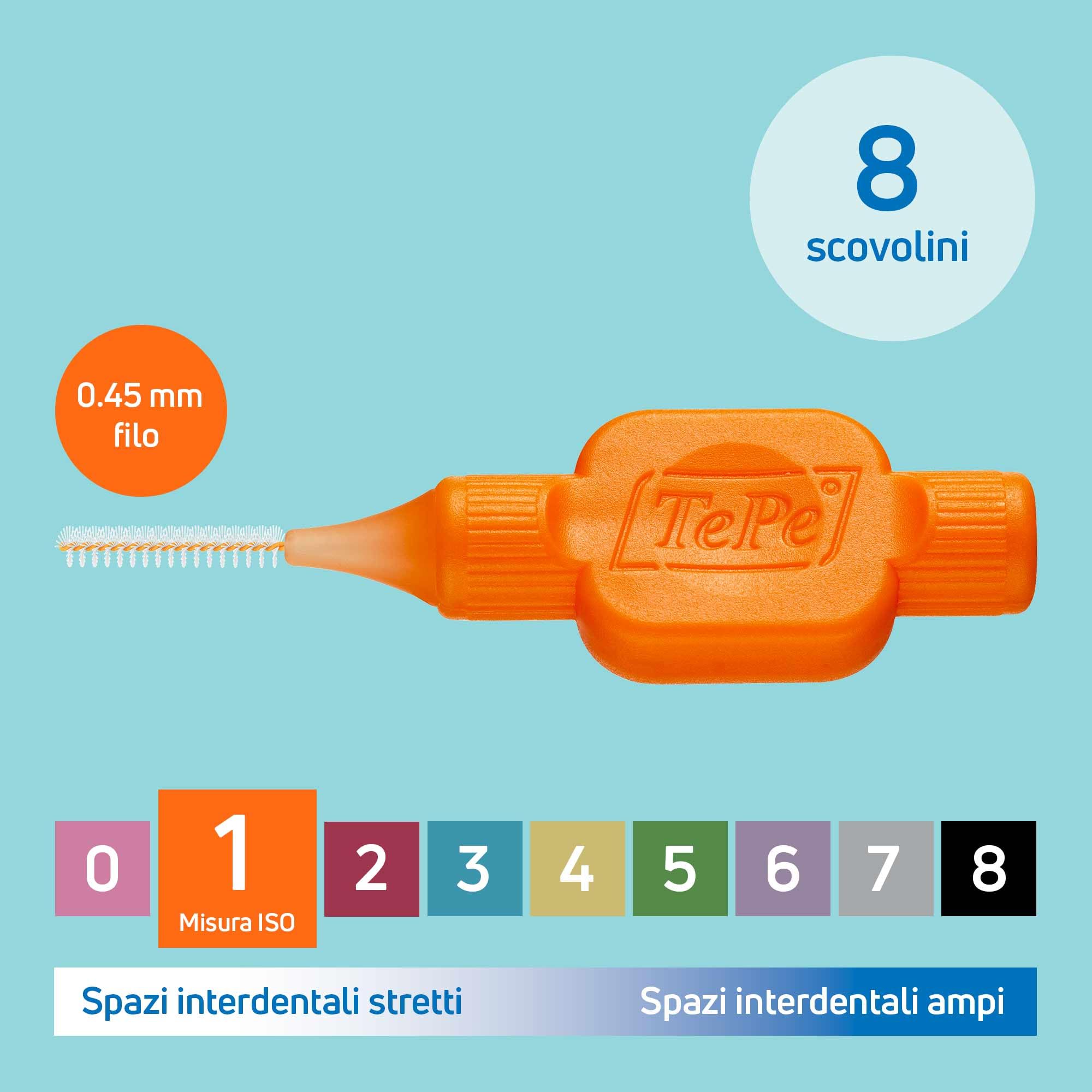 Scovolino TePe, Original, Arancione, 0.45mm/ISO 1, 8pz, rimozione placca, pulizia interdentale efficace, filo interdentale, per spazi stretti