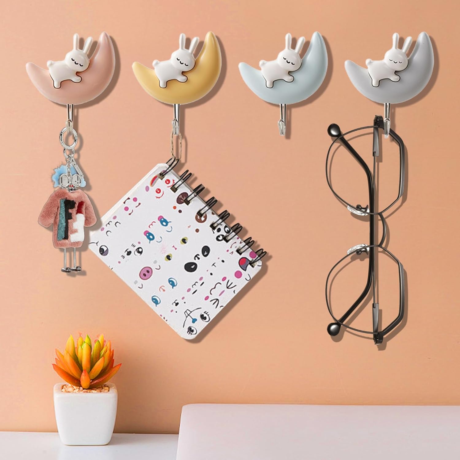 4PCS Adhesive Coat Hooks Key Holders, Creative Adhesive Cute Rabbit Key Hooks, Home Storage Utility Wall Decorations for Easter Decoration, Punch Free (Rabbits-4 Colors)