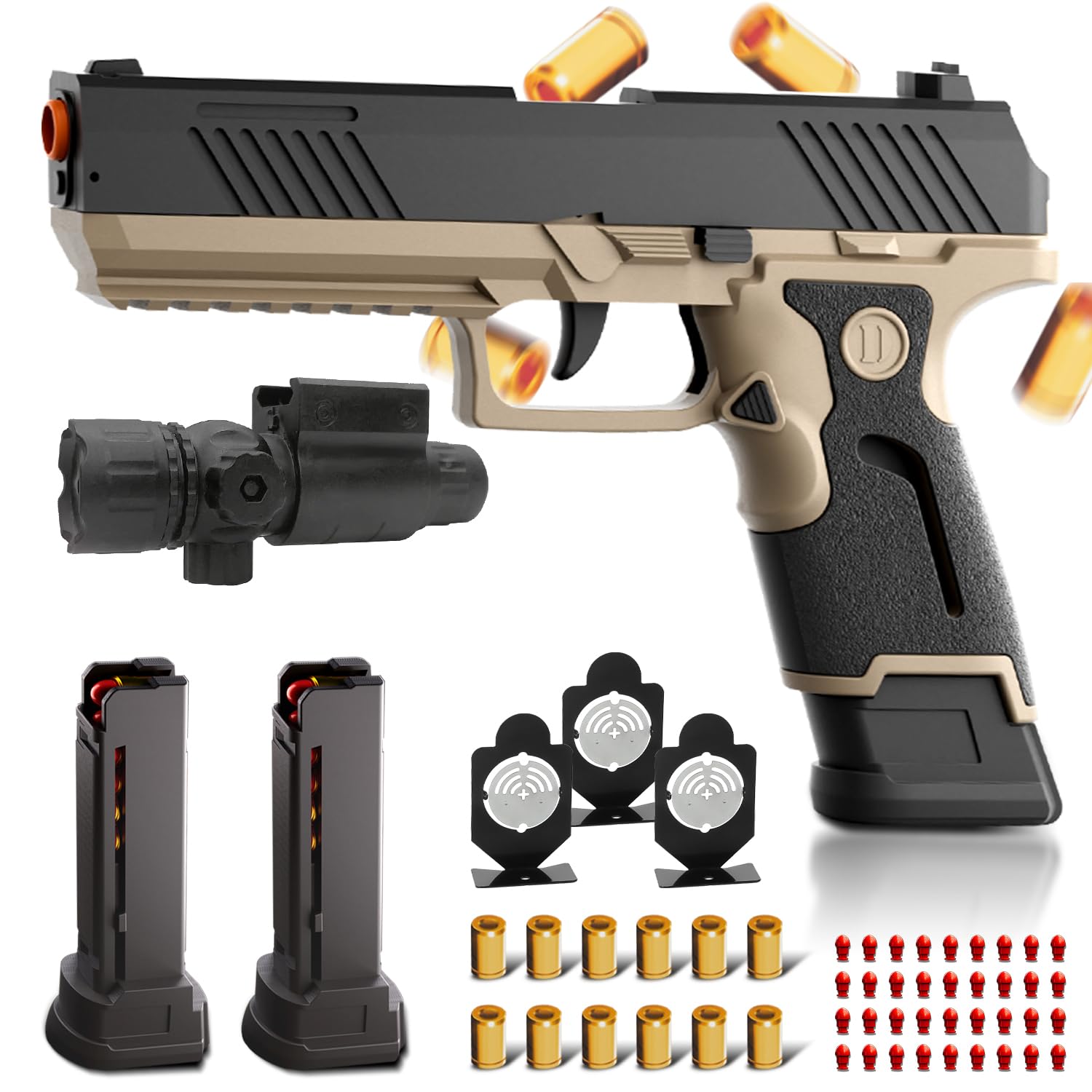 XYELLOWICON Upgrade Shell Ejecting Toy Guns Fidget Gun Pistol, 2 Detachable Magazines,12 Shell 60 Soft Bullets With 3 Metal Target, Gifts for Kids