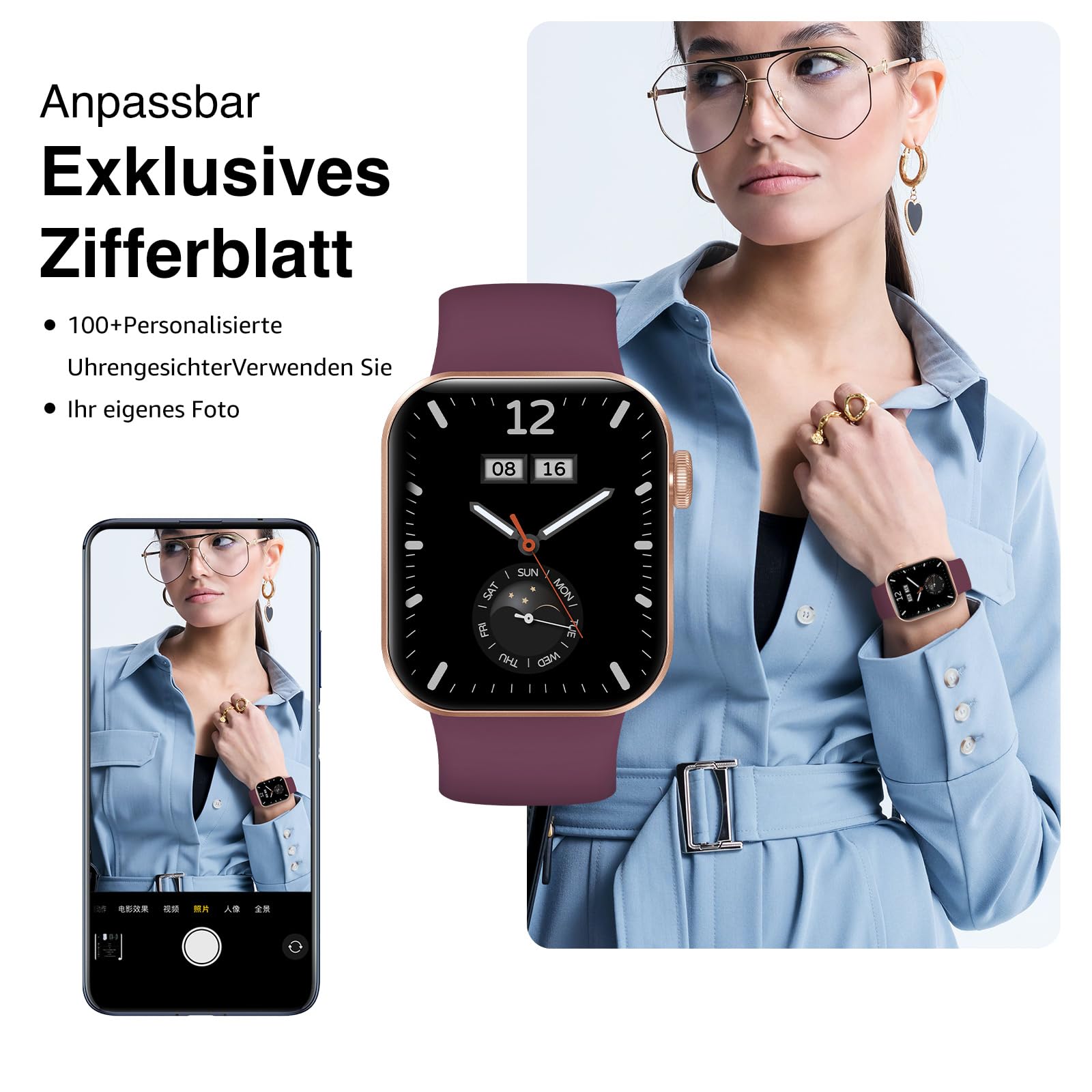 Smartwatch Damen Herren, 1,85" HD Touch Fitnessuhr mit Telefonfunktion, 140+Sportmodi Smart Watch Fitness Tracker mit Pulsmesser Schlafmonitor Schrittzähler, IP68 Wasserdicht Sportuhr für iOS Purple
