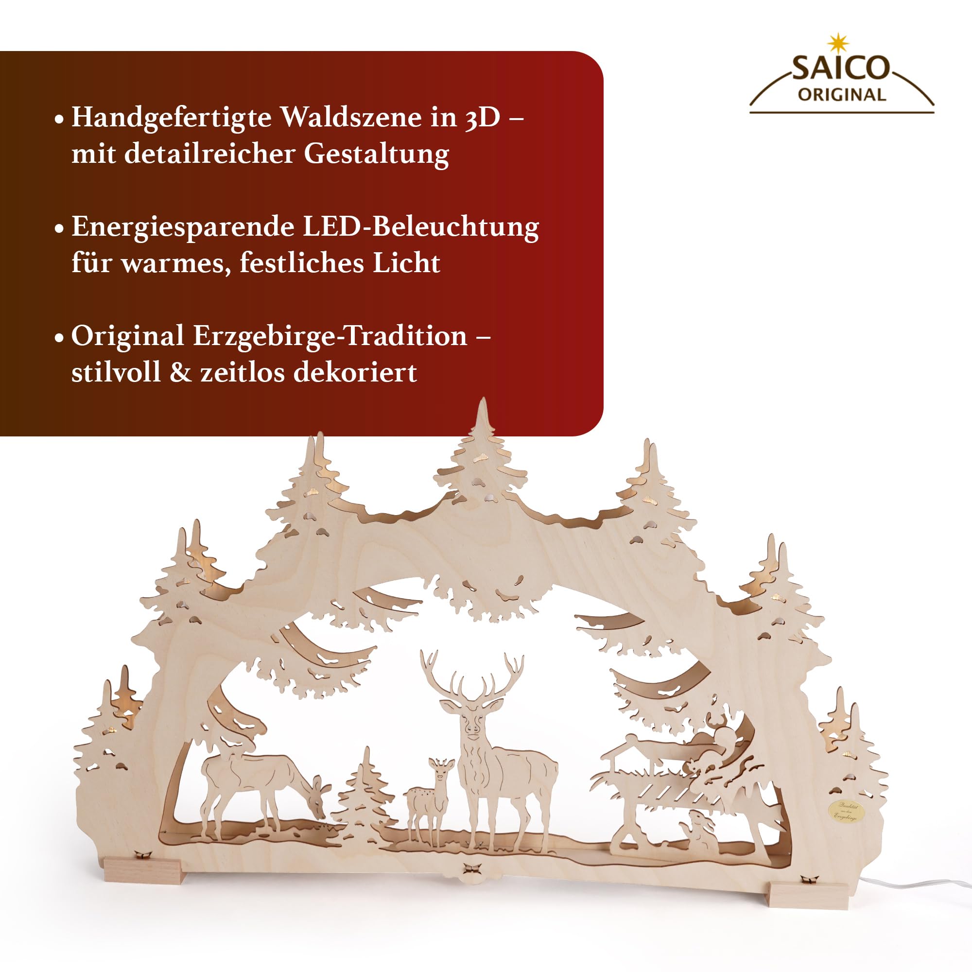 Saico - LED Schwibbogen „Waldlichtung“ Erzgebirge - Lichterbogen mit Timerfunktion - winterliches Design mit Rehen & Hase - ideal als Weihnachtsdeko, Holzkunst aus dem Erzgebirge - Made in Germany