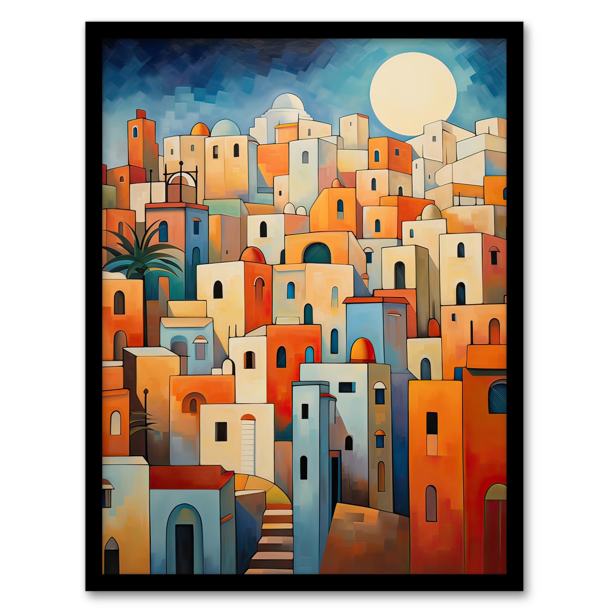 Artery8 Framed 18X24" Abstract Morocco Cityscape In Orange And Blue Artwork Framed Wall Art Print 18X24 Inch