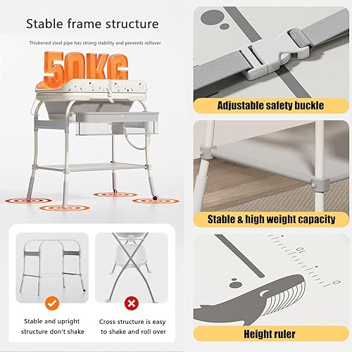 Miniatura 5 de PandaEar Bañera y Mesa de Cambio para Bebé 2 en 1, Estación de Pañales Plegable de Altura Ajustable con Almohadilla Impermeable con Estante
