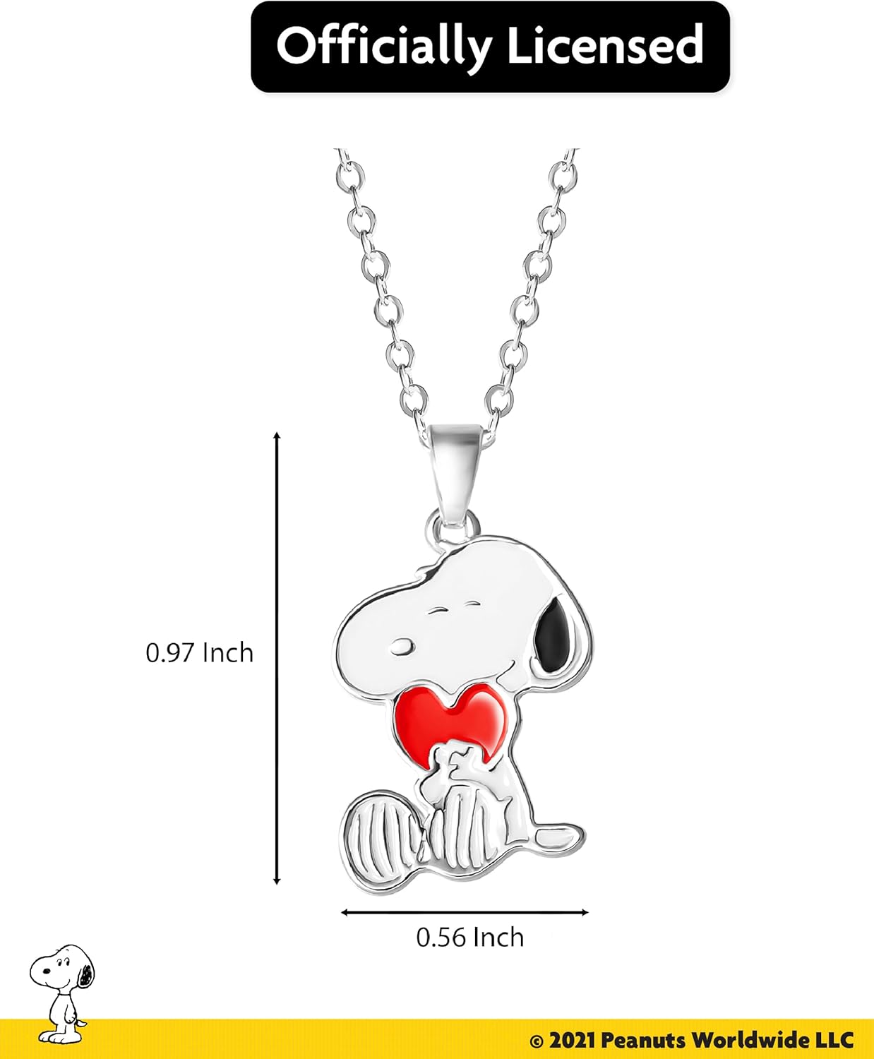 Peanuts Snoopy Heart Necklace for Women 16"+2" Official License, Silver Flash-Plated