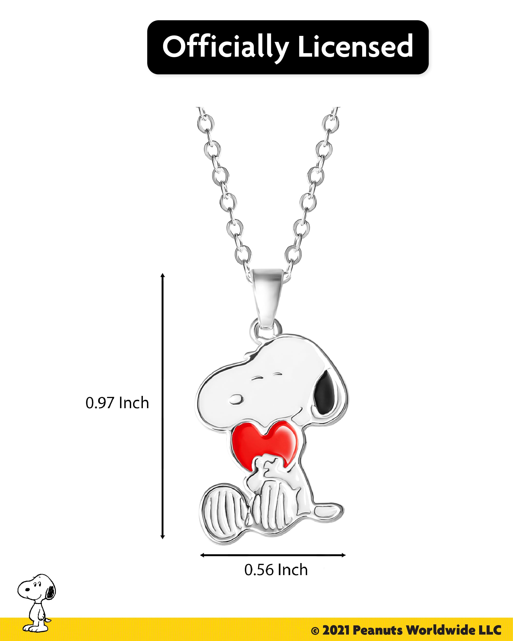 Peanuts Snoopy Heart Necklace for Women 16"+2" Official License, Silver Flash-Plated
