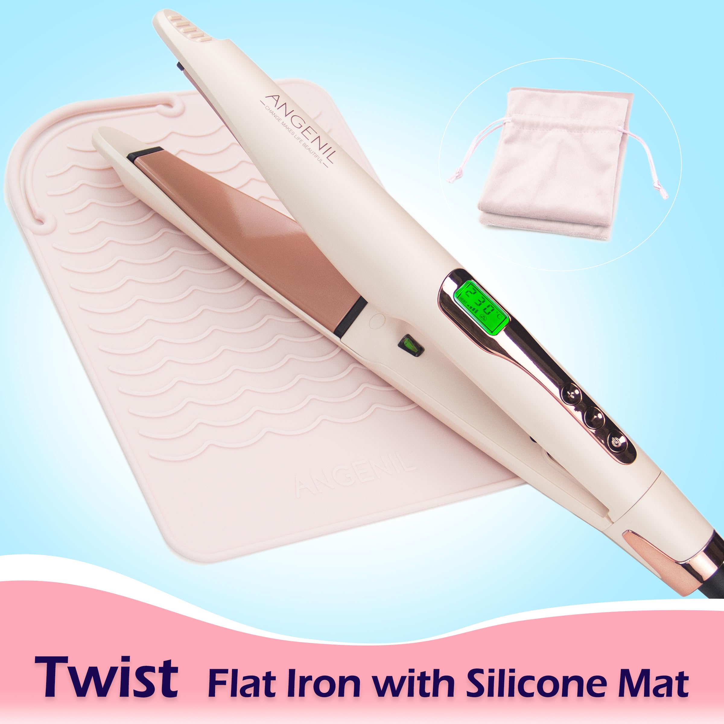 Pro Twist - Plancha de pelo 2 en 1, alisadora y rizadora para mujeres, alisador de pelo redondo de doble voltaje rosa con alfombrilla de silicona resistente al calor, calentamiento rápido de 4
