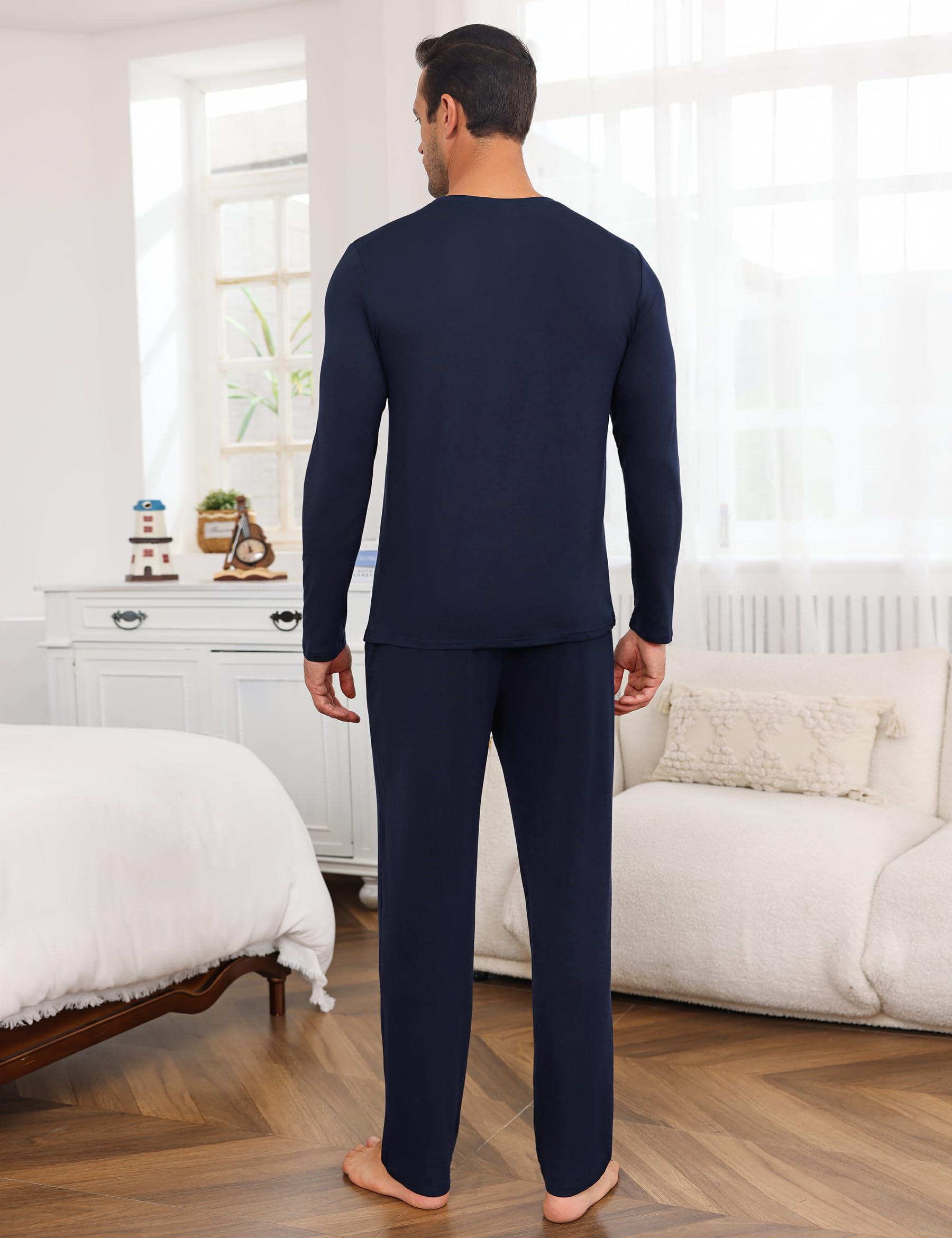 Marvmys Herren Schlafanzug Lang Winter Baumwolle Pyjama Set Rundhals Taschen Verstellbarer Bund Bequeme Nachtwäsche