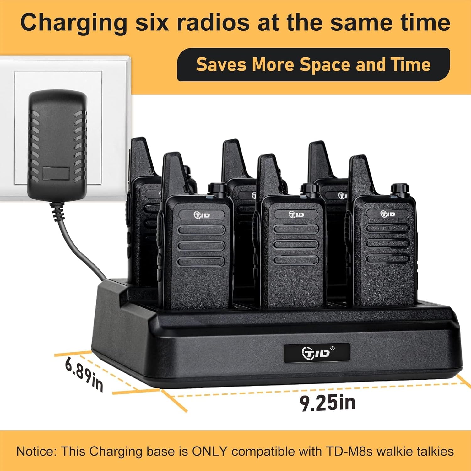 A 6-way multi-gang charger with multiple walkie talkies inserted, showing red indicator lights for charging.