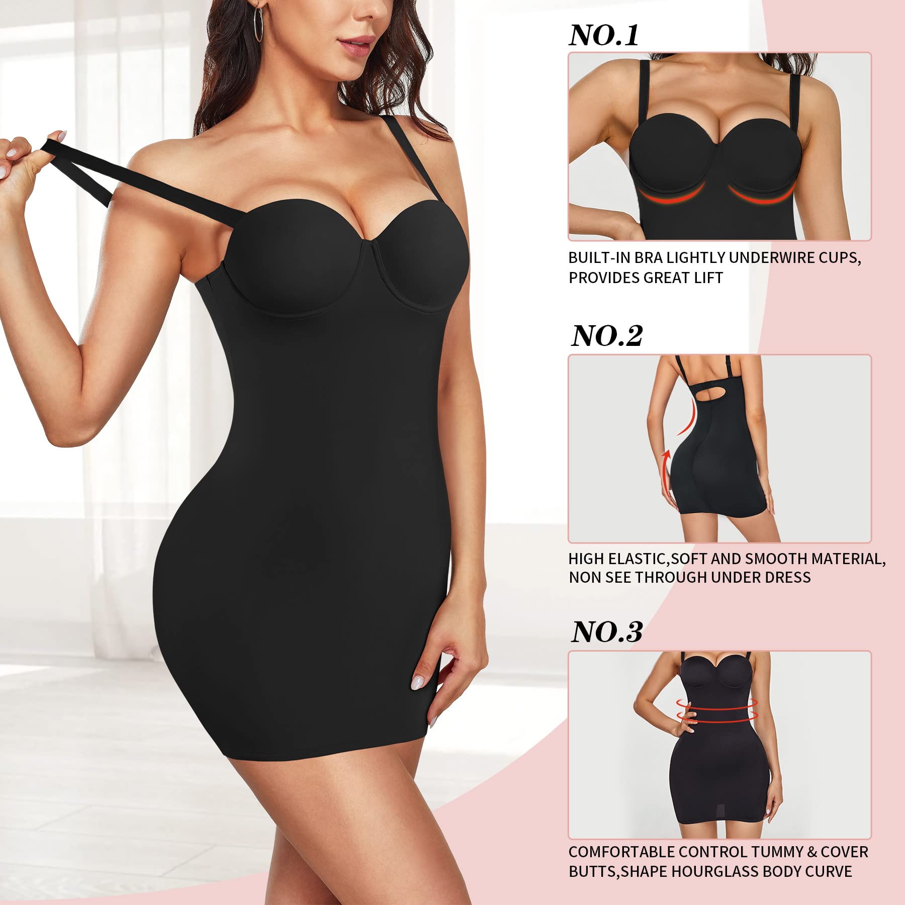 Gotoly Vestido Moldeador con Tirantes Ajustables Vestido de Mujer que Moldea la Figura Full Slips Control Dress Shapewear Body Shaper con Sujetador Incorporado