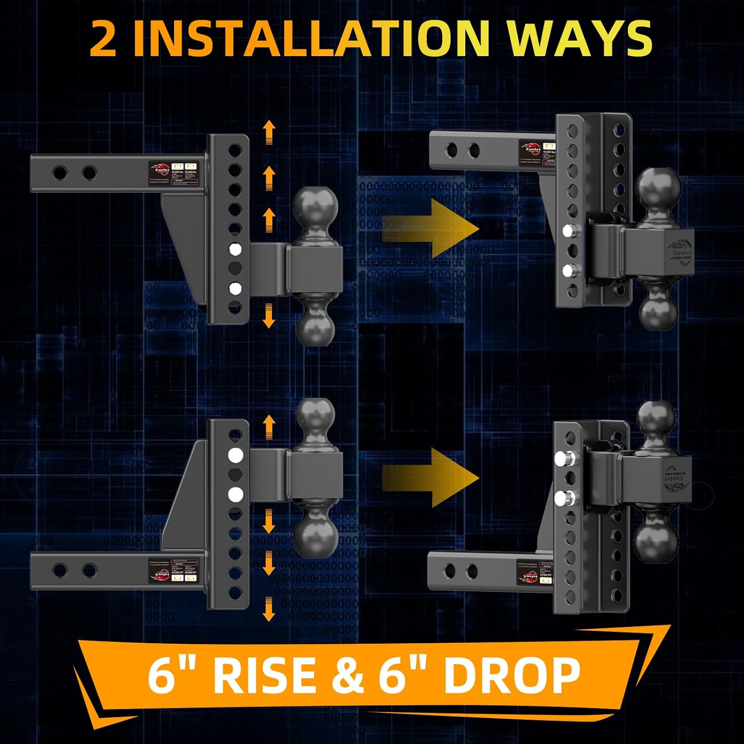 Adjustable Trailer Hitch -Drop Hitch (Fits 2-Inch Receiver) -6" Drop/Rise Tow Hitch, 2" & 2-5/16" Ball Hitches for Trucks -21,500 GTW Hitch Ball Mount with Anti-Theft Locking Hitch Pins
