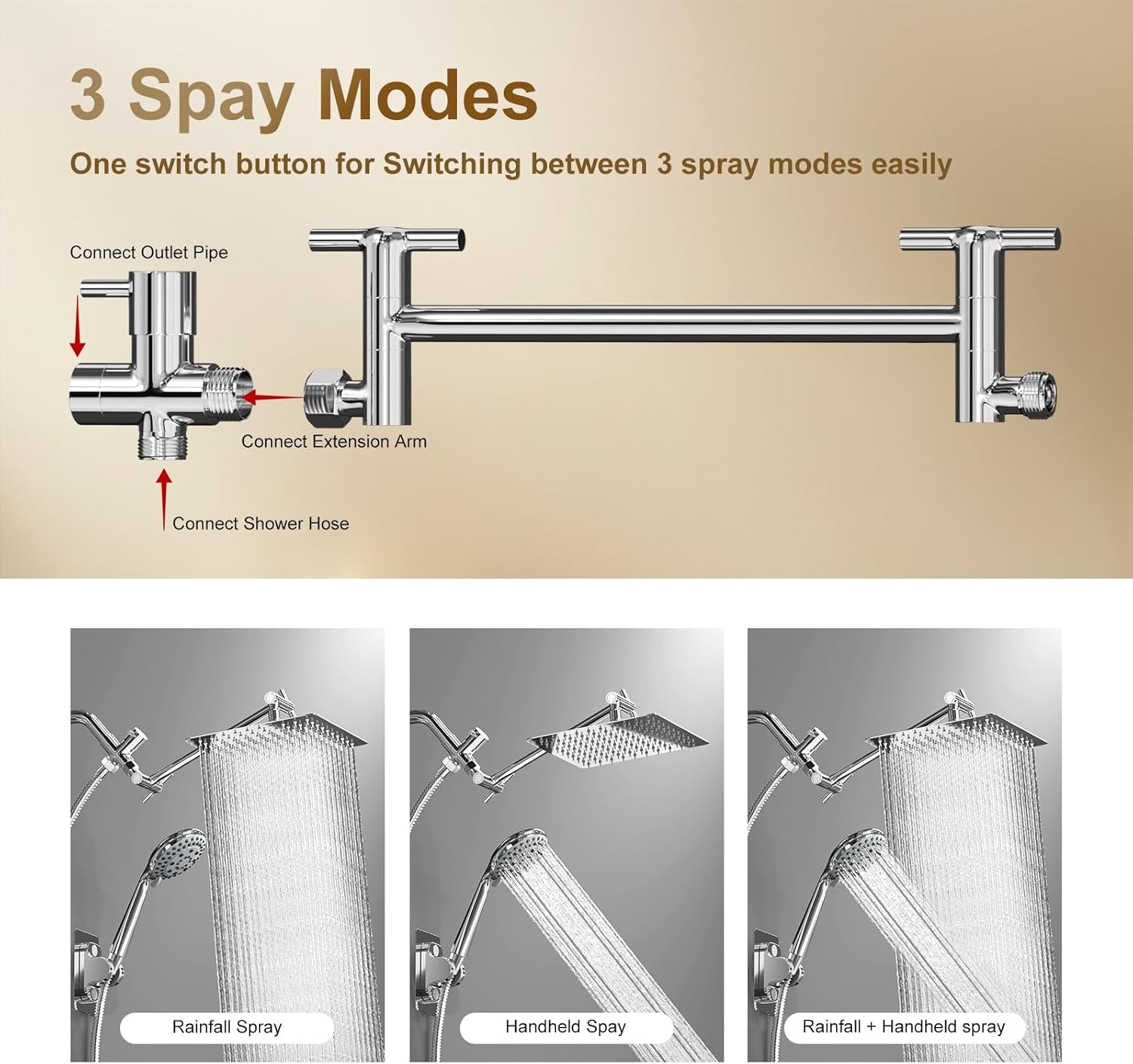 Shower Head, 8'' Rainfall Shower Heads with Multifunction Handheld Spray Combo, High Pressure Rain Showerhead with All Metal 3 Way Diverter 11'' Adjustable Extension Arm Bathroom Accessories, Chrome