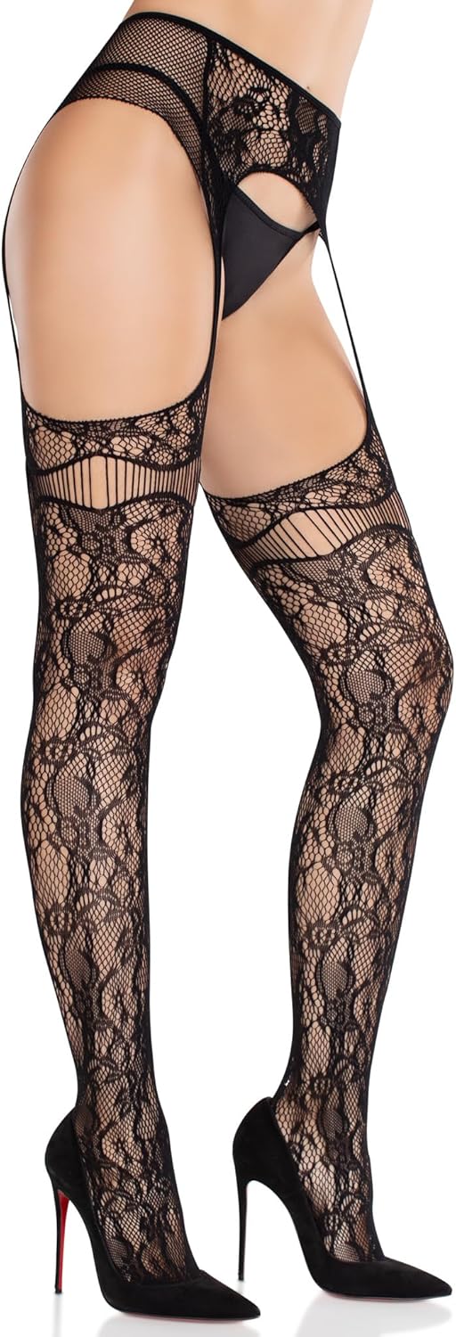 Leg Avenue Women's Bloom Net Stockings With Cut-out Thigh Detail and Attached Garter Belt