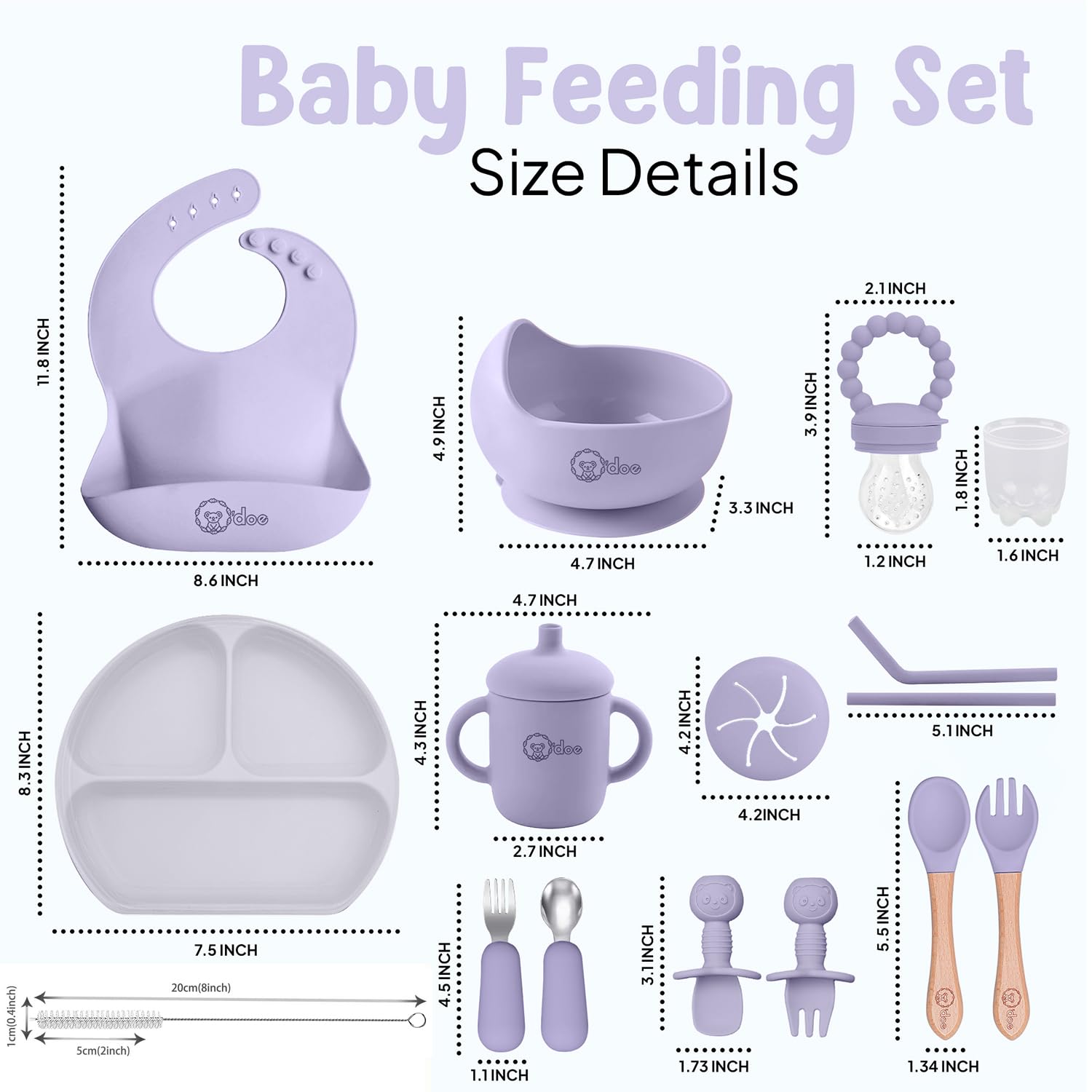o'doe Baby LED Weaning Accessories for Toddlers, Baby Feeding Set, 17 Pieces, Silicone Baby Bowl, Self-Eating with Fruit Feeder Cup Bib Dinner Plate Set with Lid | Purple V2')