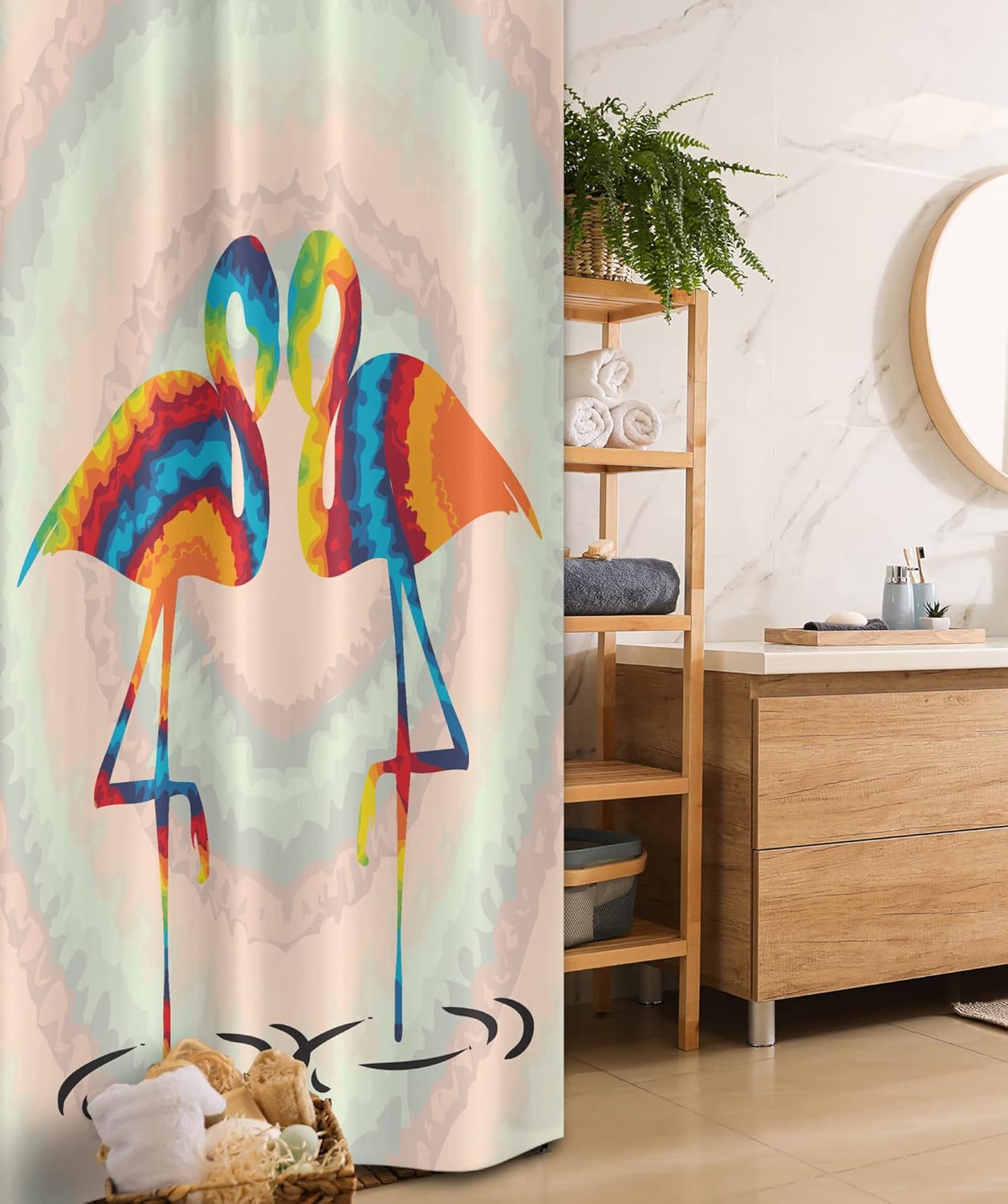 Ambesonne Flamingo Stall Shower Curtain, Colorful Love Valentine Flamingos Illustration Retro Circles at Back Funky Print, Fabric Bathroom Decor Set with Hooks, 36" W x 72" L, Blush Apricot Soft Blue