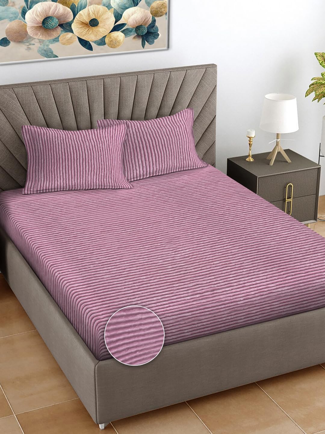 FABINALIV Pink Striped Woollen King Size Fitted Double Bedsheet with 2 Pillow Covers (FLWEBS-1084-Pink)-image-38