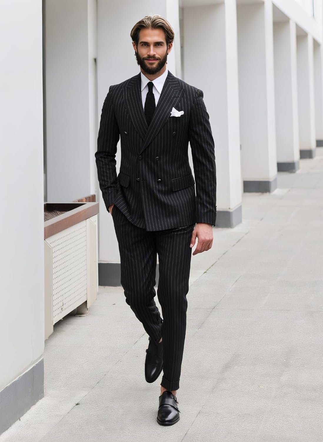 Mens Pinstripe Suits 2 Piece Double Breasted Mens Slim Fit Pinstripe Suit 2 Piece for Wedding Prom