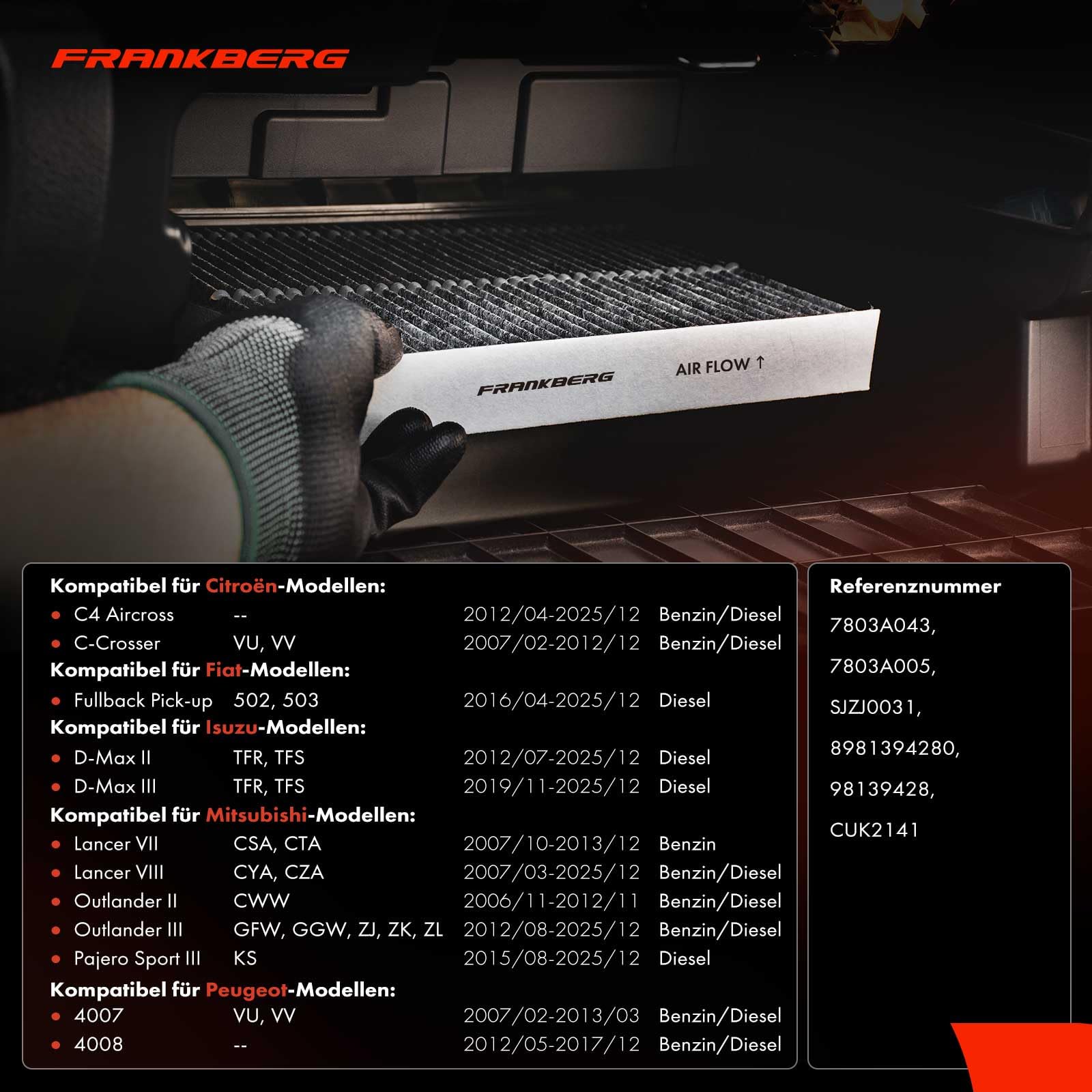 Frankberg Filtro Aria Abitacolo A Carboni Attivi - Compatibile Con Mitsubishi ASX, Outlander, Lancer, Ecc. (CUK2141)
