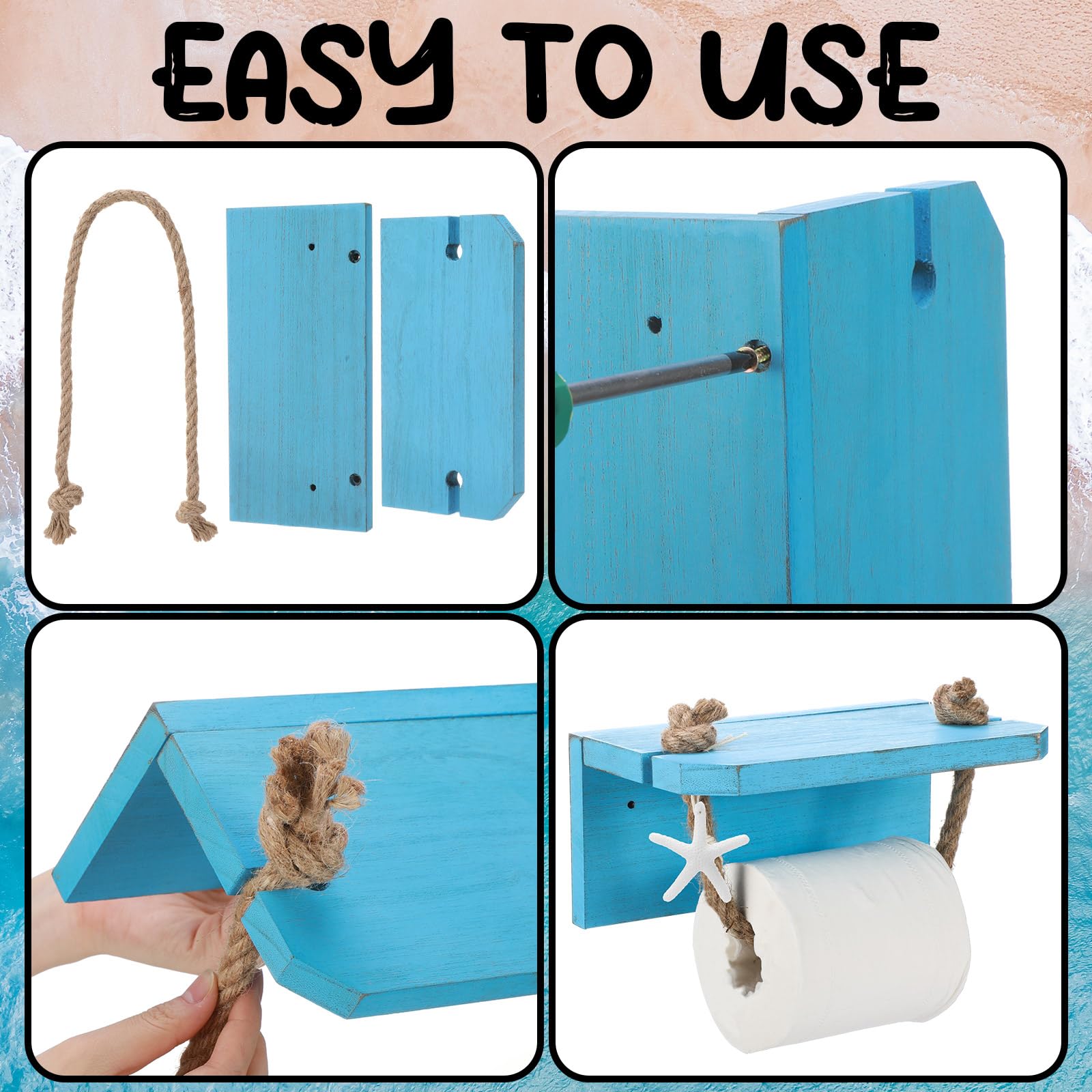 Nautical Rope Toilet Paper Holder with 4 Ocean Accessories, Classic, Blue — Amazon image 3