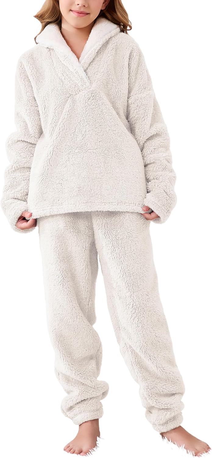 Faleave Girl's Fluffy Pants Sets Winter Warm Fleece Pullover Sweatshirt Plush Sweatsuit with Pockets
