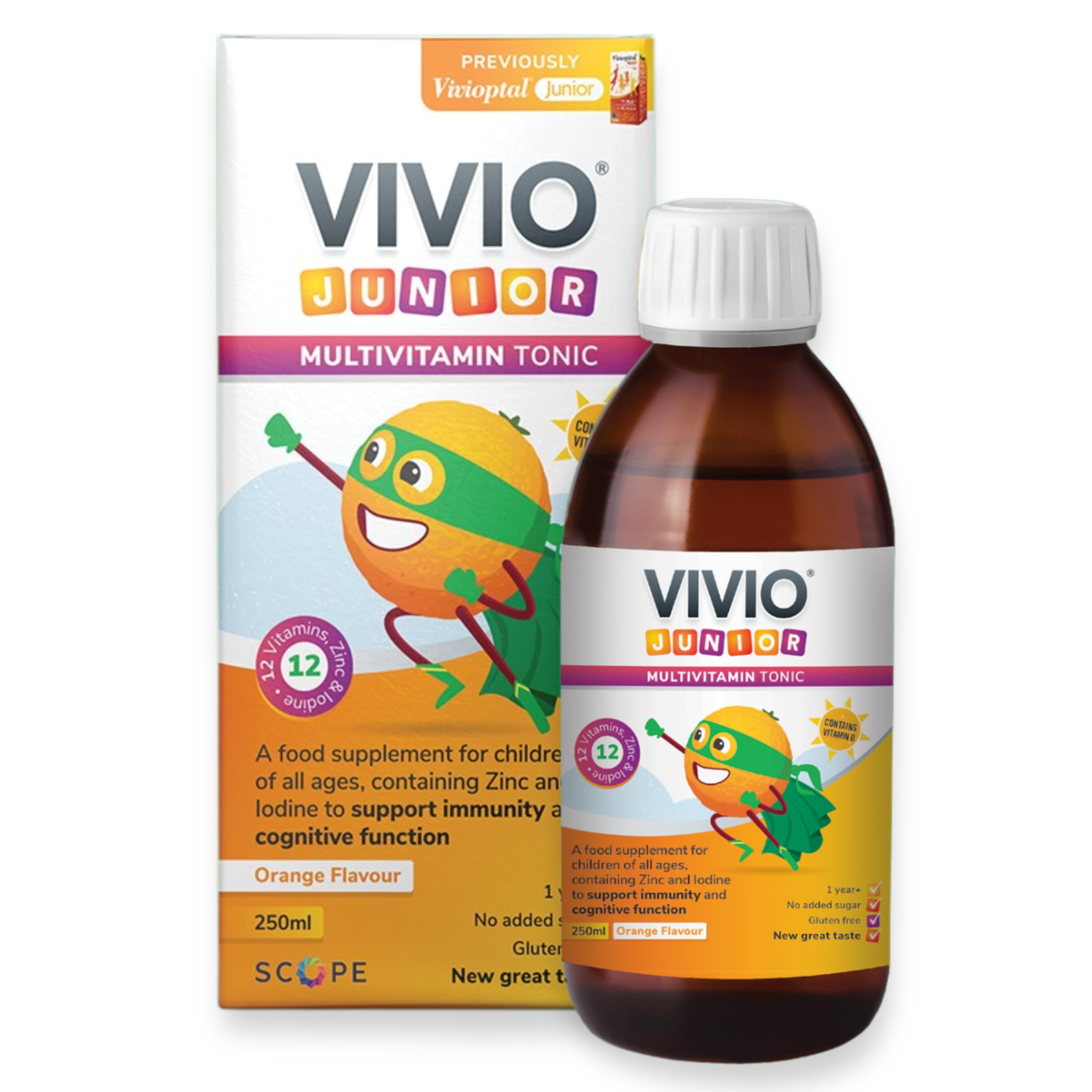 VIVIO JUNIORMultivitamin Tonic for Kids – 12 Added Vitamins Plus Zinc & Iodine to Support Your Child’s Immunity & Cognitive Function - Orange - 250ml