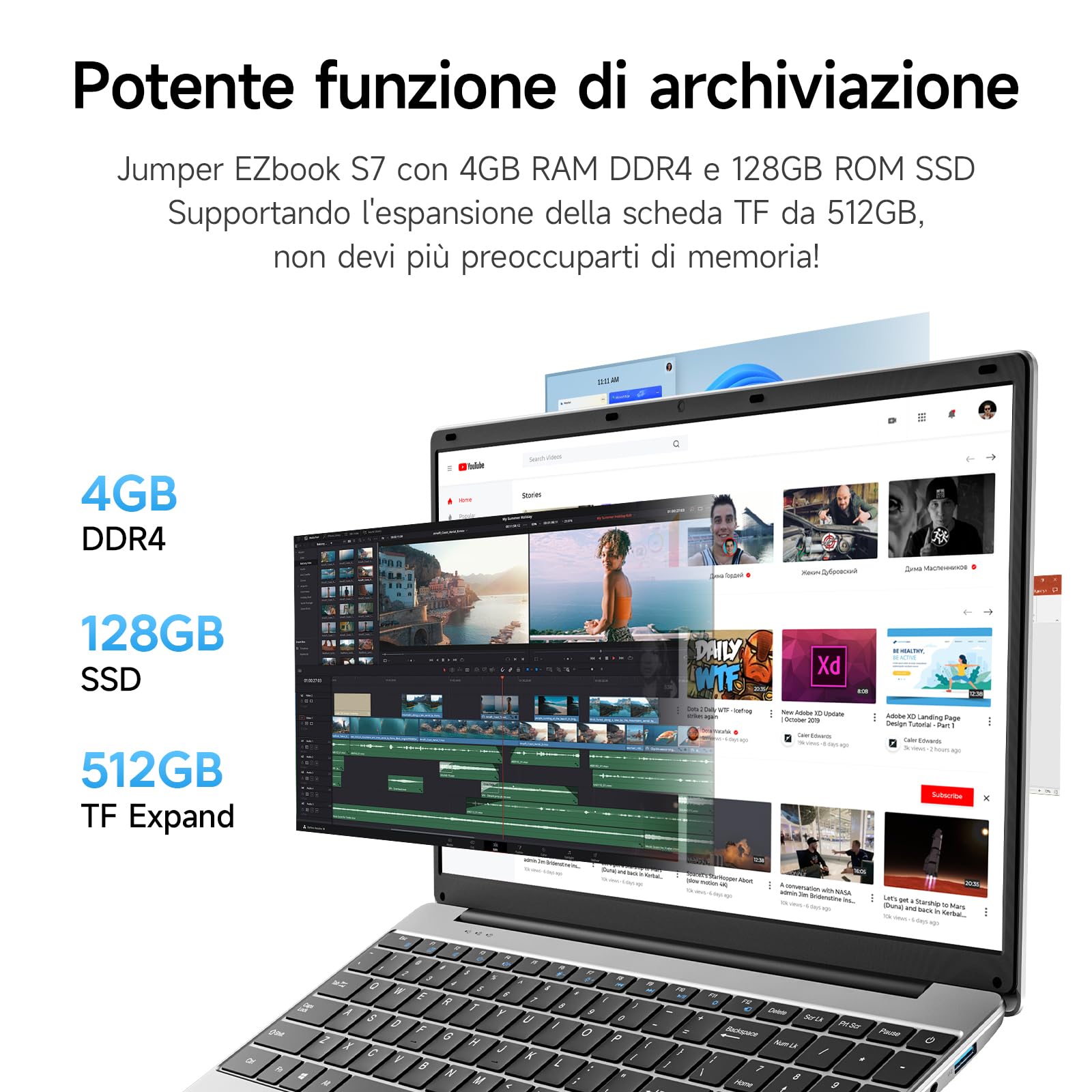 jumper Computer Portatile 15.6 Pollici HD Display, 4GB RAM 128GB SSD, 5205U Processore PC Portatile, 38Wh Batteria, Doppi Altoparlanti Stereo, Type-C, USB3.0, Notebook include un 1 Anno Office 365