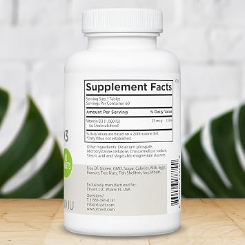 Vitamin D Supplement Natural Vitamins for Men & Women - May Support Bones, Immunity, Mood - Vegan, Non-GMO Supplements - No Gluten, Sugar, or Fillers, 1000IU of D3, 60 Tablets
