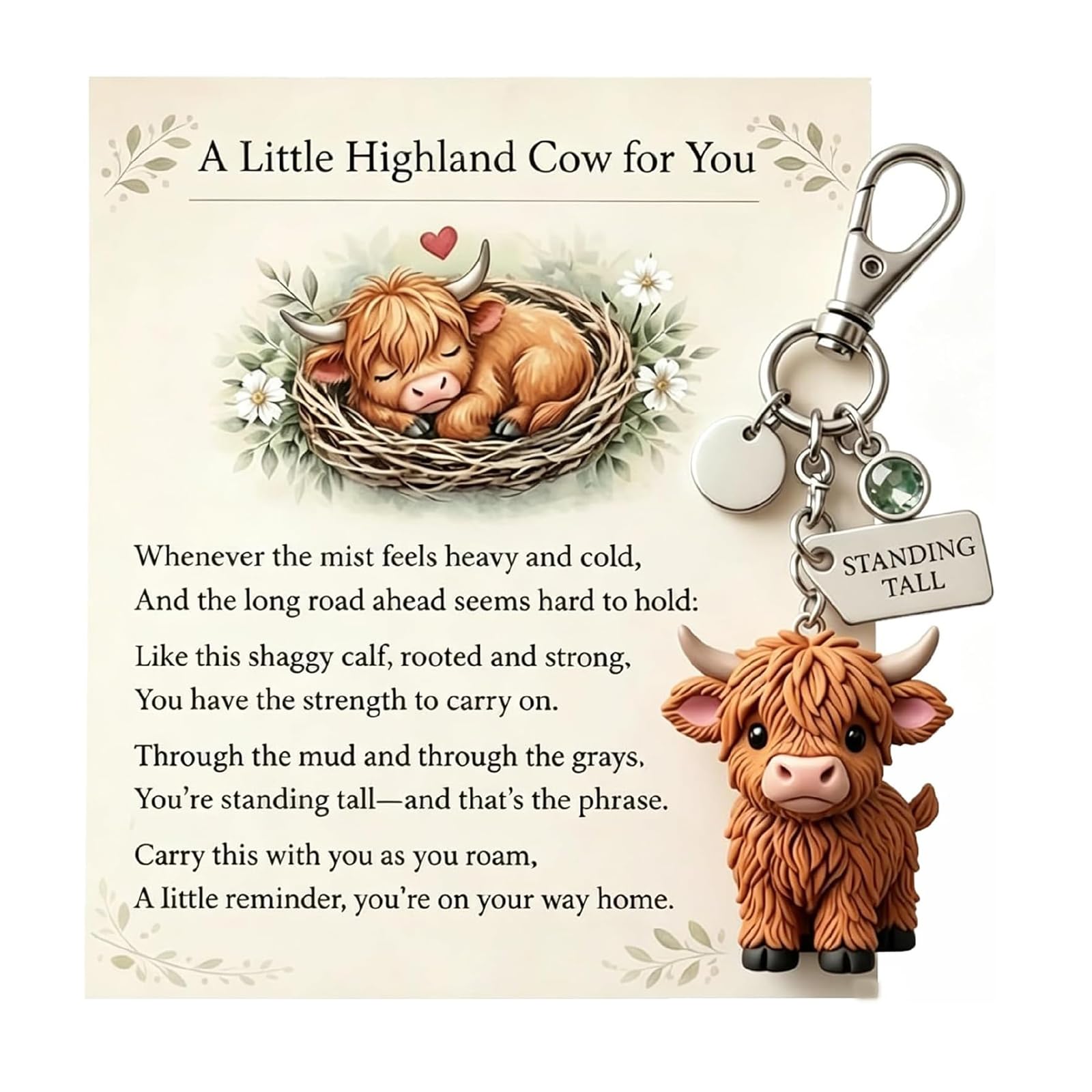 Highland Cow Keychain, Highland Cow Keyring, A Little Highland Cow for You Keychain,Daily Reminder of Quiet Strength,Cute 3d Resin Tiny Cow Keychainwith Birthstone & Sentiment Card for Friends (B)