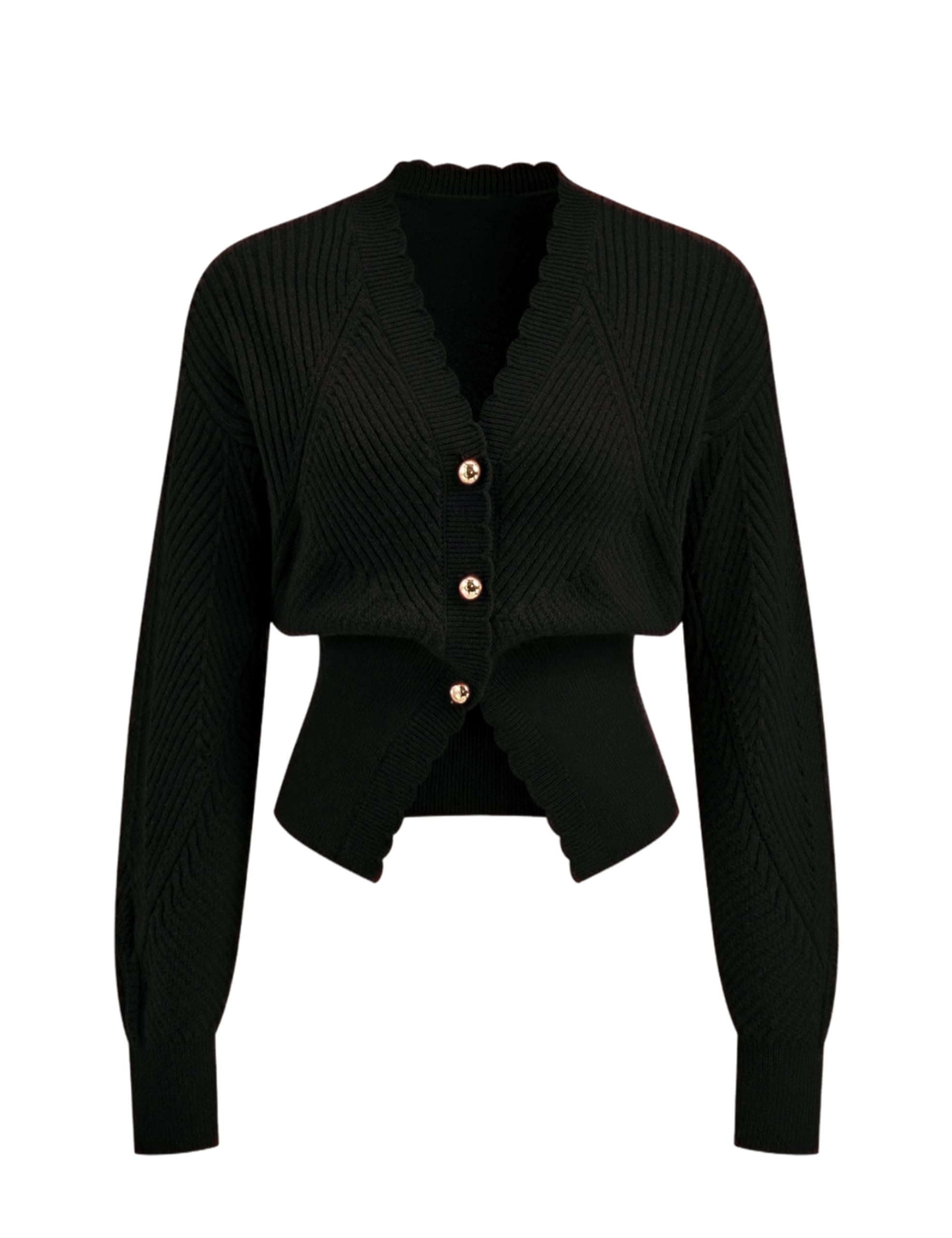 Yeokou Womens Cardigan Sweater Scalloped Edge Ribbed V-Neck Gold Button Casual Knitwear