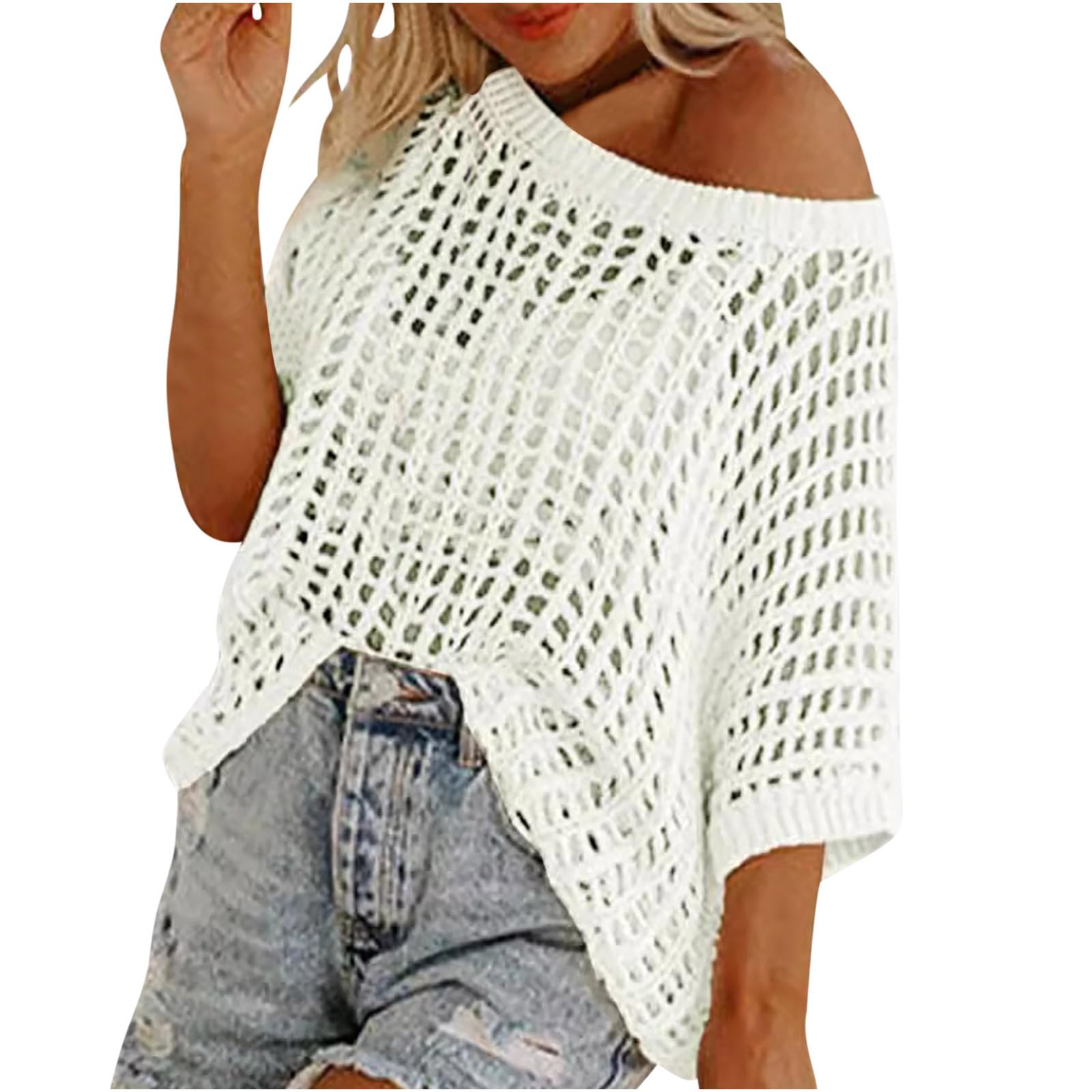 Womens Crew Neck Short Sleeve Sweater Casual Off Shoulder Tops Hollow Out Crochet Coverups Pullover Knit Tops